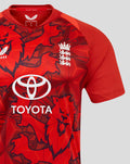 Red England 25/26 T20 shirt with allover geometric print, England crest on chest, and Toyota sponsor.