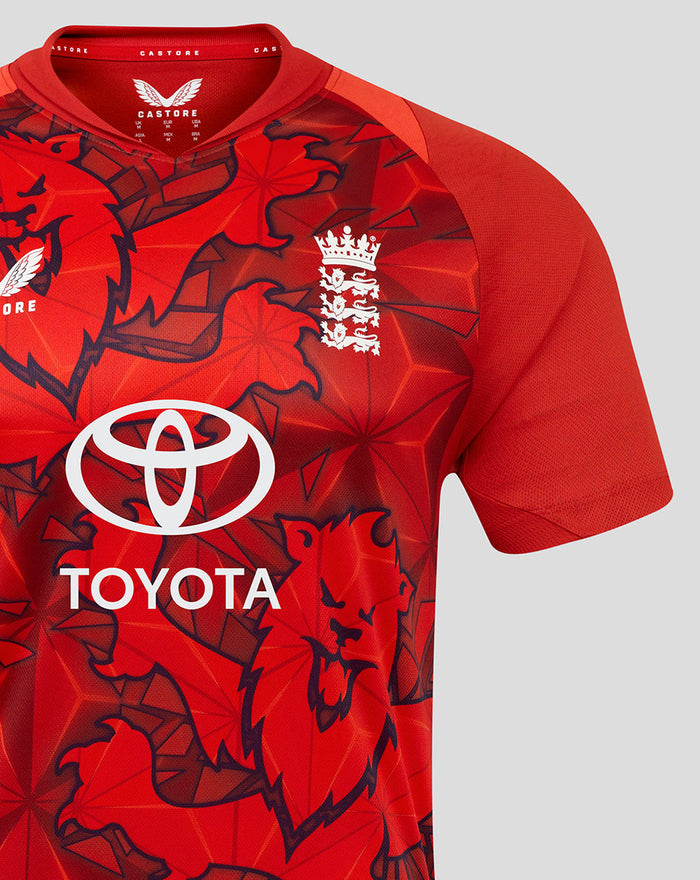 Red England 25/26 T20 shirt with allover geometric print, England crest on chest, and Toyota sponsor.