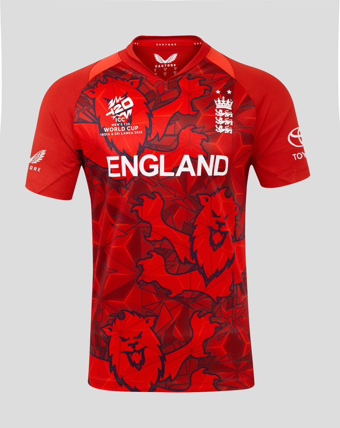 Front view of red England World Cup replica shirt with Three Lions crest and large ENGLAND lettering