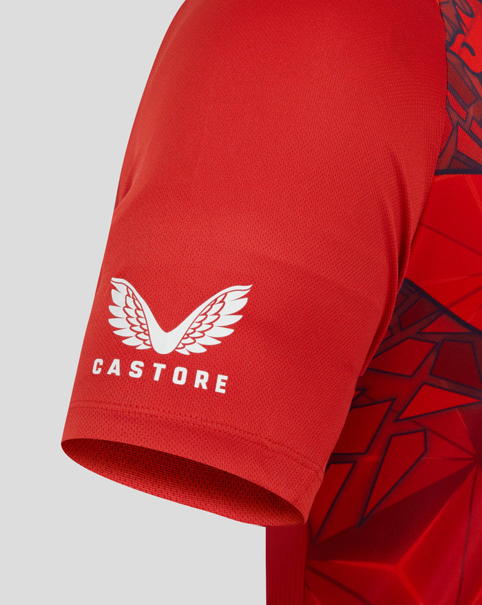Red replica World Cup shirt fabric with a white wing crest and Castore branding at the hem