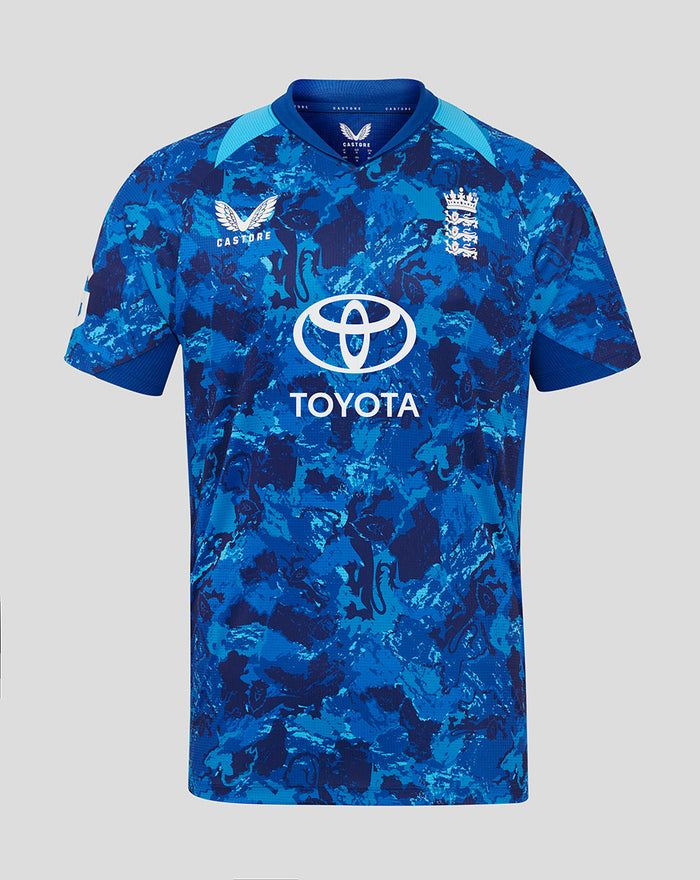 Blue ECB 25/26 Pro ODI short sleeve shirt with camouflage pattern, England crest, Castore logo, and Toyota sponsor.