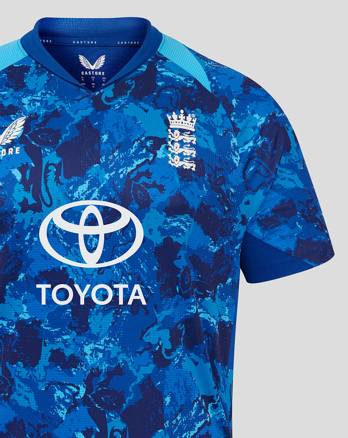 Front view of the ECB ODI Pro jersey with Toyota logo and England crest on blue camo print