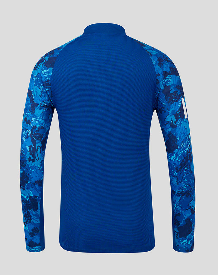 Back view of the England ODI pro long sleeve shirt in blue camouflage with solid back panel