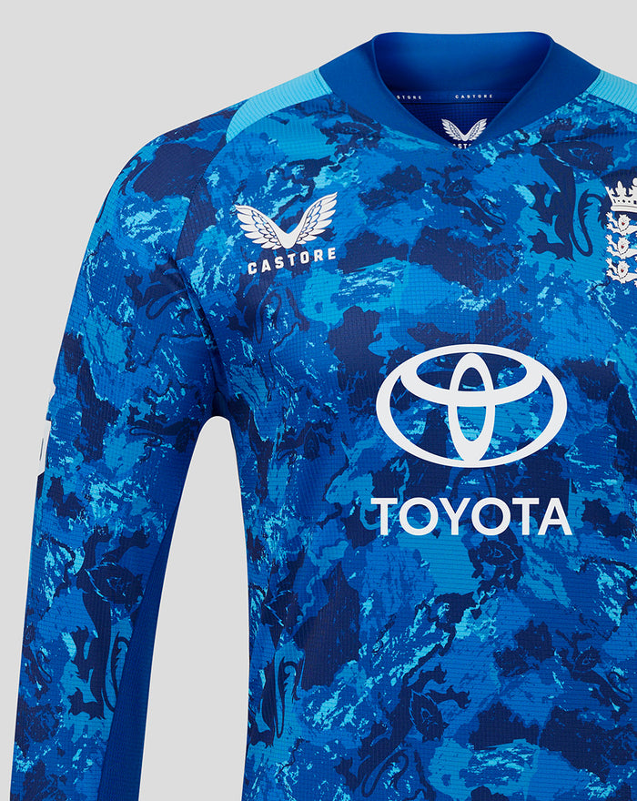 Front view of blue camouflage ECB ODI Pro long sleeve shirt showing Toyota sponsor and Castore logo with England crest