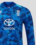Front view of blue camouflage ECB ODI Pro long sleeve shirt with England crest on chest and Toyota logo across center