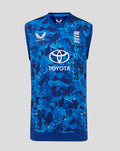 Front view of a blue camouflage sleeveless vest with the England crest on the chest and Toyota logo across the front