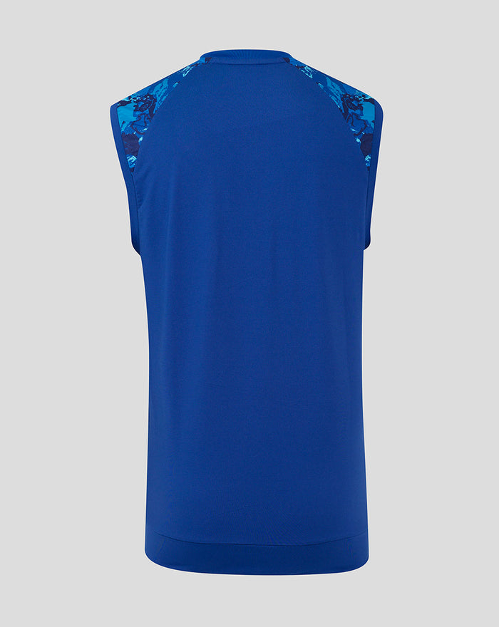 Back view of a royal blue sleeveless vest with camouflage shoulder panels