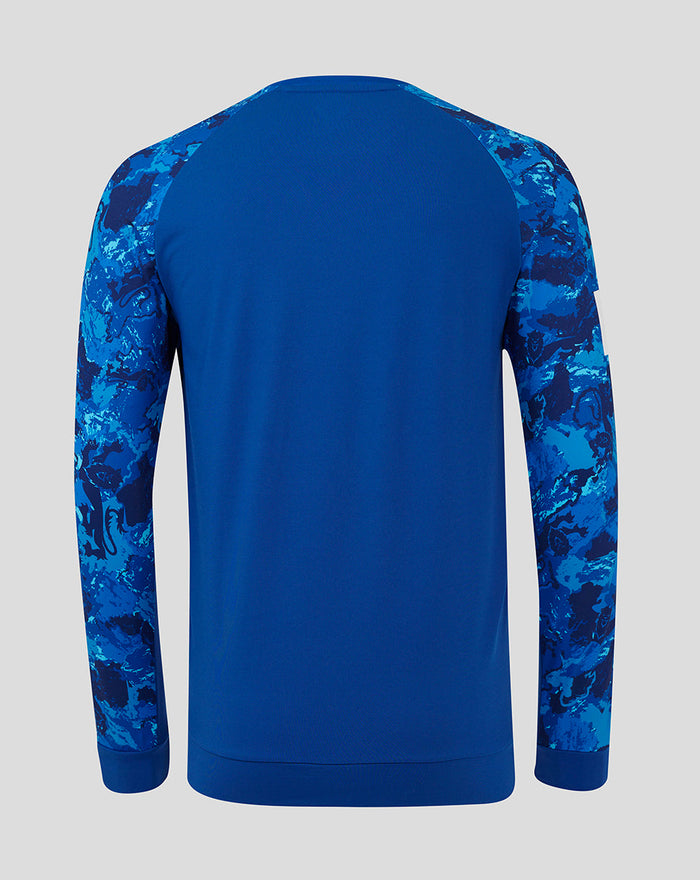 Back view of ECB Men's 25/26 ODI sweater with blue camo sleeves and solid blue back
