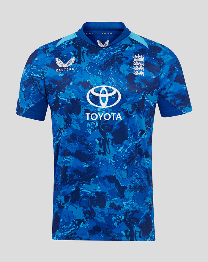 Blue England ODI replica short sleeve shirt with camo pattern and Toyota sponsor logo.