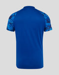 Back view of a blue England ODI replica short sleeve shirt with camo sleeves and solid body.