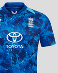 Close-up of the blue camo ODI shirt upper chest featuring the Three Lions crest and Toyota emblem