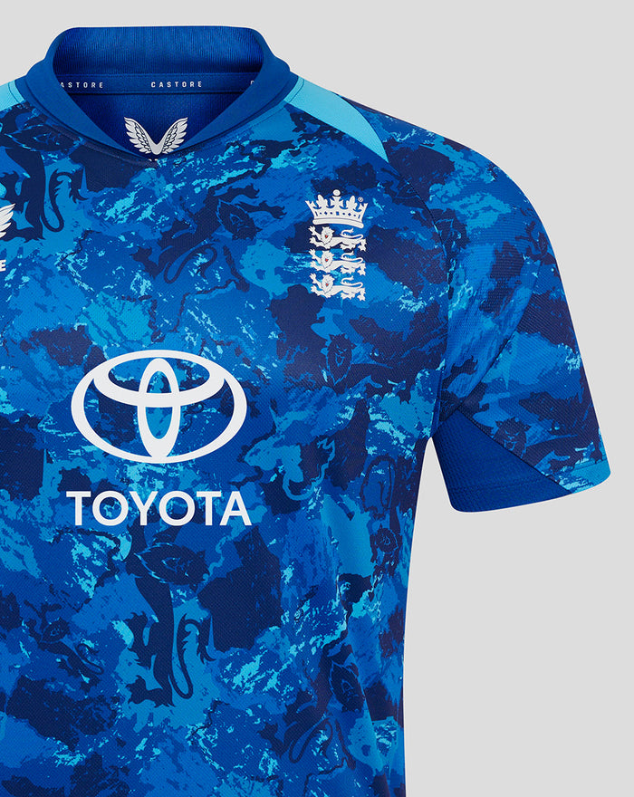 Close-up of the blue camo ODI shirt upper chest featuring the Three Lions crest and Toyota emblem