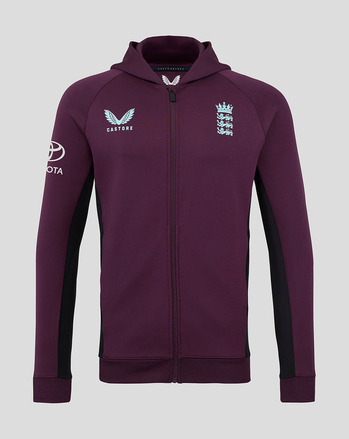 Front view of ECB Men's 25/26 Training Full Zip Hoody in purple with England crest and sponsor logos.