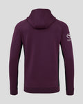 Back view of ECB Men's 25/26 Training Full Zip Hoody in purple with hood up and black side panels.