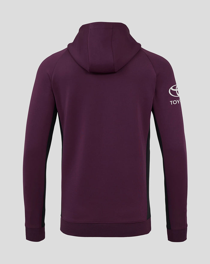 Back view of ECB Men's 25/26 Training Full Zip Hoody in purple with hood up and black side panels.