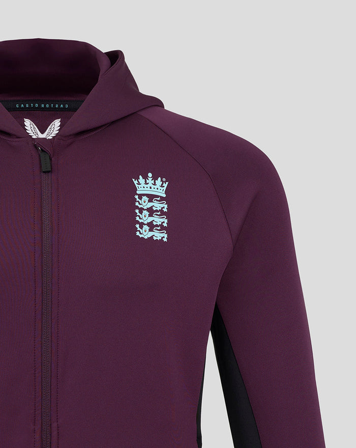 Maroon ECB training full-zip hoodie with hood front zip and light blue England crest on chest.