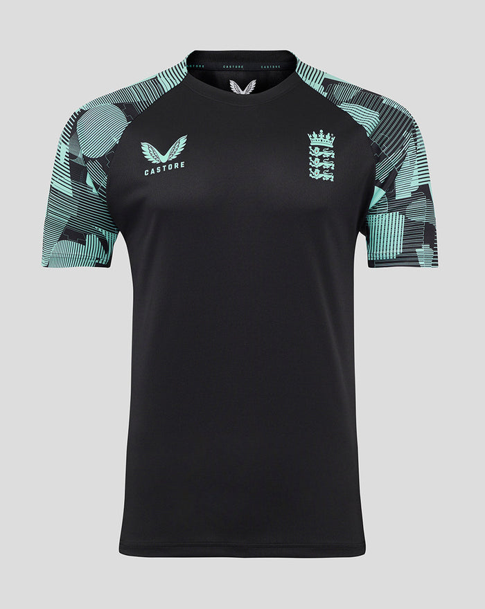Front view of ECB Men's 25/26 Ashes Pro Training Short Sleeve Tee in black with teal patterned sleeves and a Castore logo on the chest.