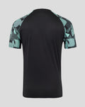 Back view of ECB Men's 25/26 Ashes Pro Training Short Sleeve Tee with black body and teal patterned sleeves.