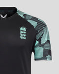 Black England cricket training tee with mint crest on the chest and mint geometric shoulder print