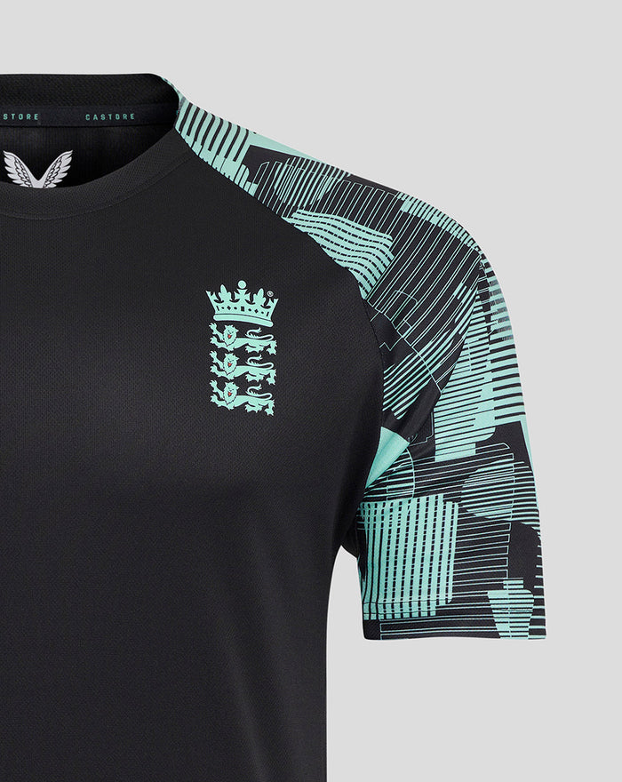 Black England cricket training tee with mint crest on the chest and mint geometric shoulder print