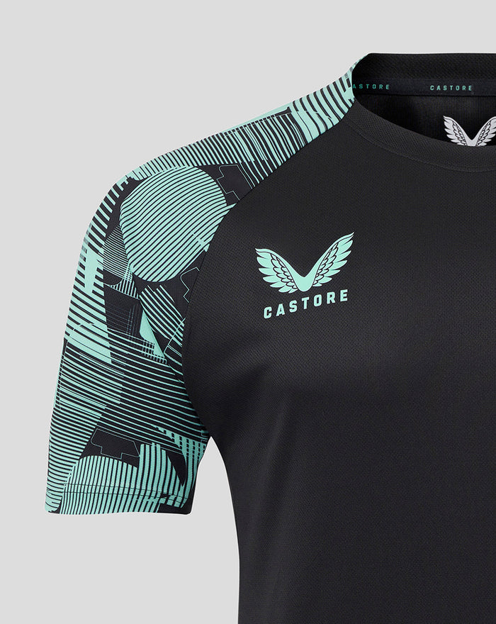 Close-up of shoulder and neckline showing teal patterned sleeve, Castore branding on the collar, and England crest on the chest.
