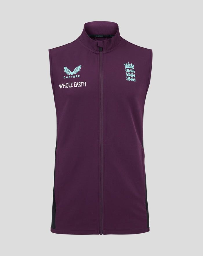 Front view of a purple England training gilet with crest and Castore branding.