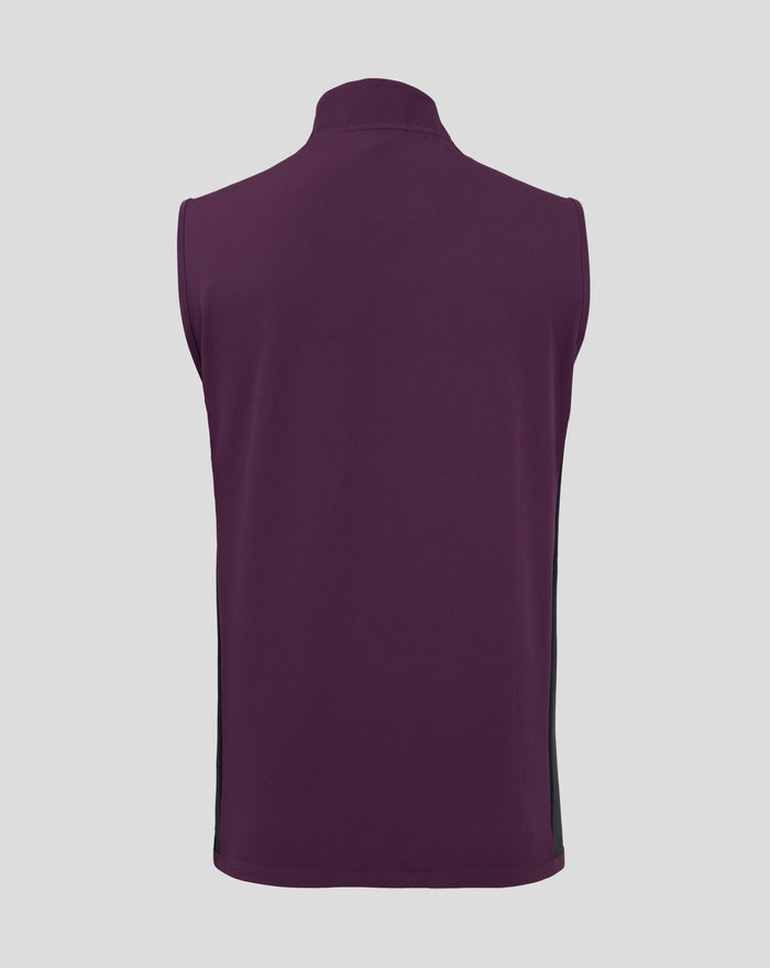 Back view of the purple England cricket training gilet showing shoulders and collar