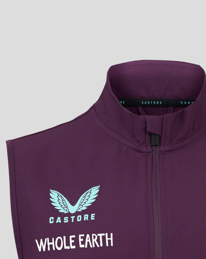 Close up of a purple England cricket training gilet collar with Castore branding