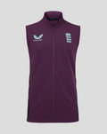 Purple England cricket pro training gilet with front zip, featuring crest and Castore logo on the chest