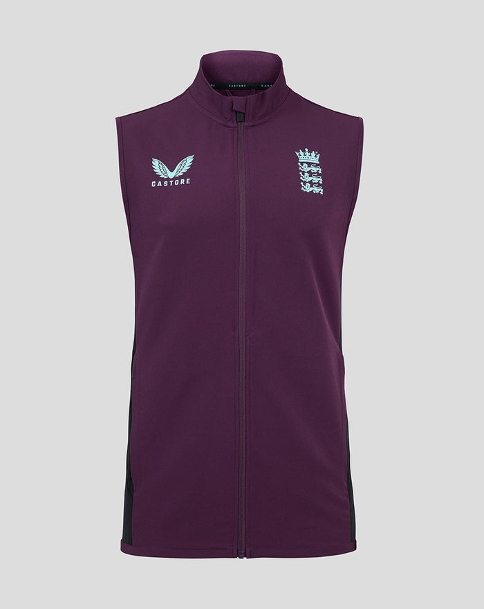 Purple England cricket pro training gilet with front zip, featuring crest and Castore logo on the chest