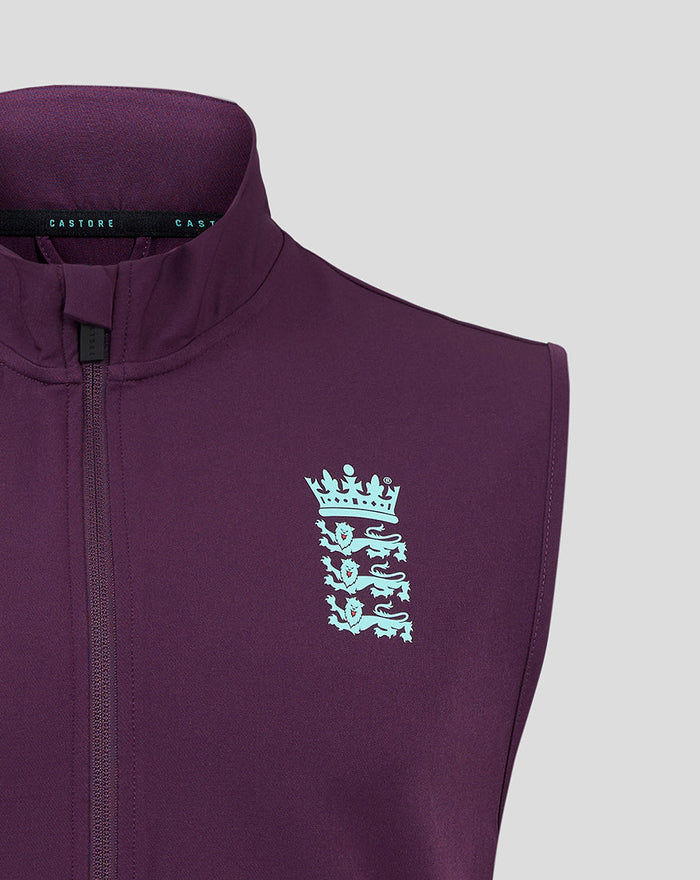 Purple ECB training gilet with England crest on chest and Castore logo, front zip