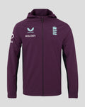 Front view of a purple England Cricket Pro Training Rain Jacket with light blue crest on the right chest, Castore wings on the left chest and Whole Earth text