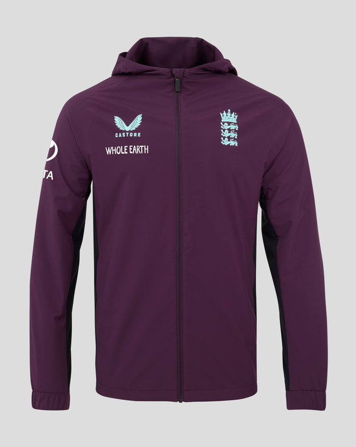 Front view of a purple England Cricket Pro Training Rain Jacket with light blue crest on the right chest, Castore wings on the left chest and Whole Earth text