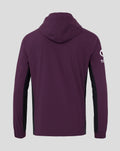 Back view of a purple England cricket rain jacket with hood.