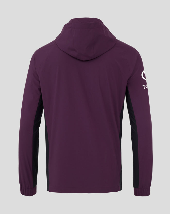 Back view of a purple England cricket rain jacket with hood.