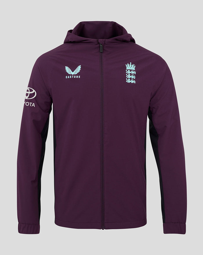 Purple rain jacket with hood and full zip, England crest and Castore branding on chest and Toyota sleeve logo