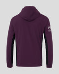 Back view of a purple ECB training rain jacket with a hood and black side panels.