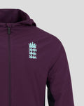 Shoulder and chest view of the purple ECB training jacket with a center zipper and crest logo on the chest.