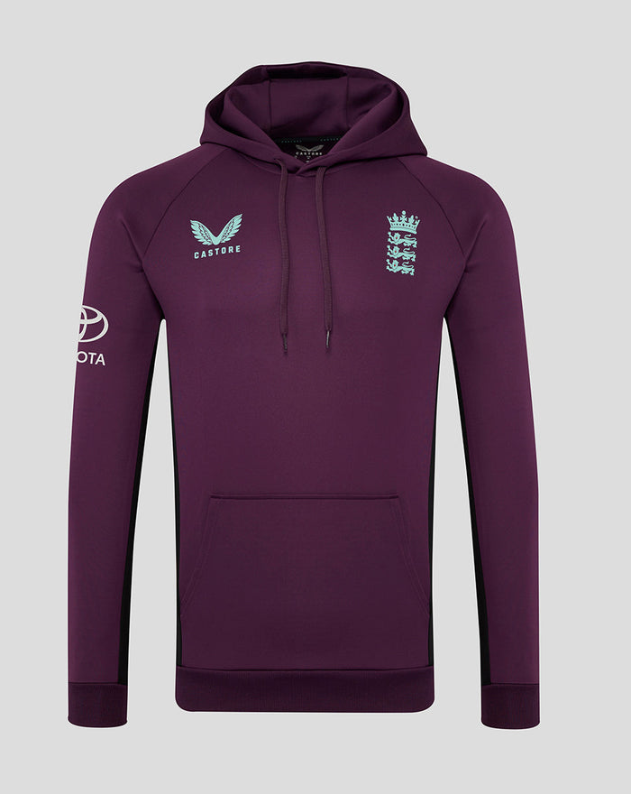 Front view of purple ECB training hoodie with teal England crest, Castore logo, and kangaroo pocket