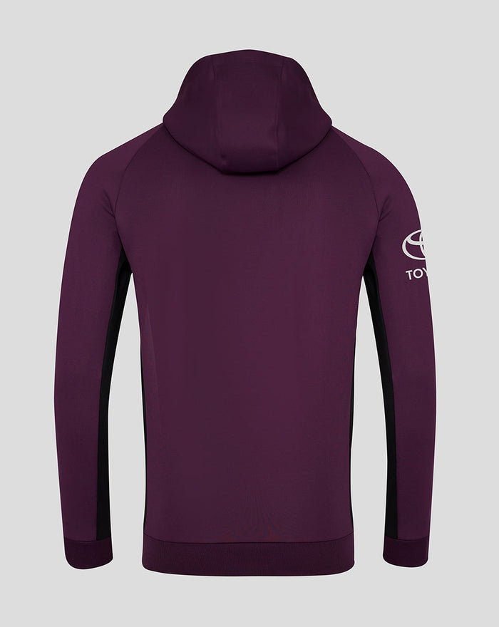 Back view of purple ECB training hoodie showing hood up and raglan sleeves
