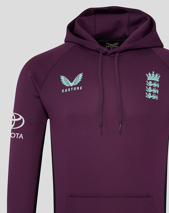 Deep purple ECB training hoodie with light blue England crest and Castore logo, hooded pullover with kangaroo pocket