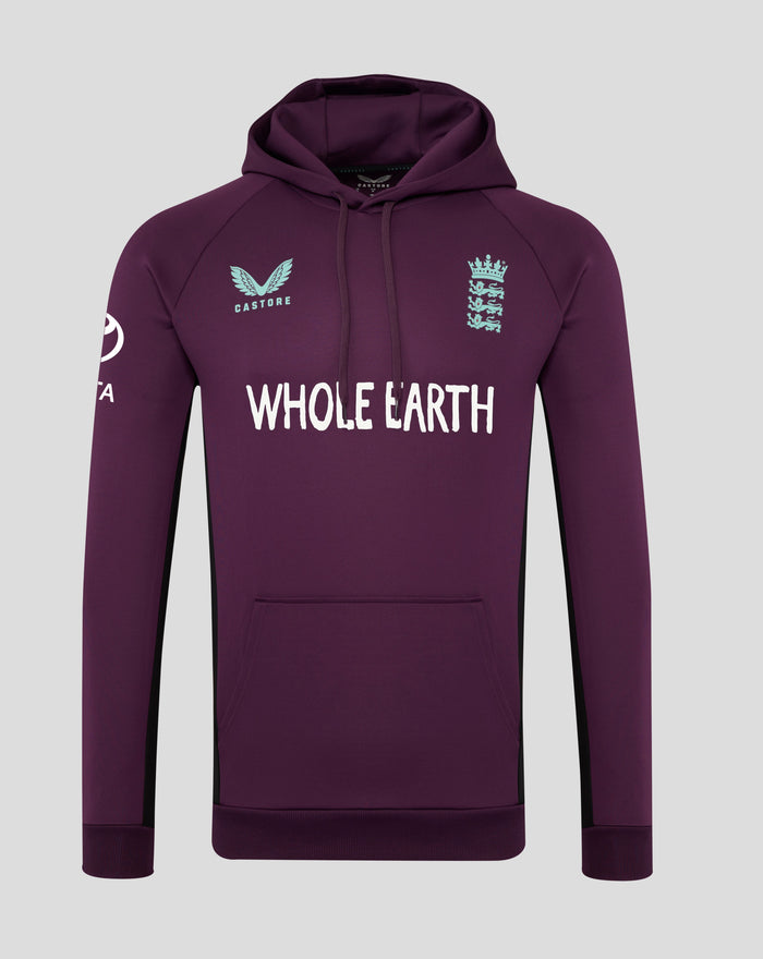 Maroon England cricket training hoodie front view with light blue wing logo left chest crest right chest and Whole Earth text