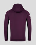 Back view of a men's England cricket training hoodie in dark plum with hood up