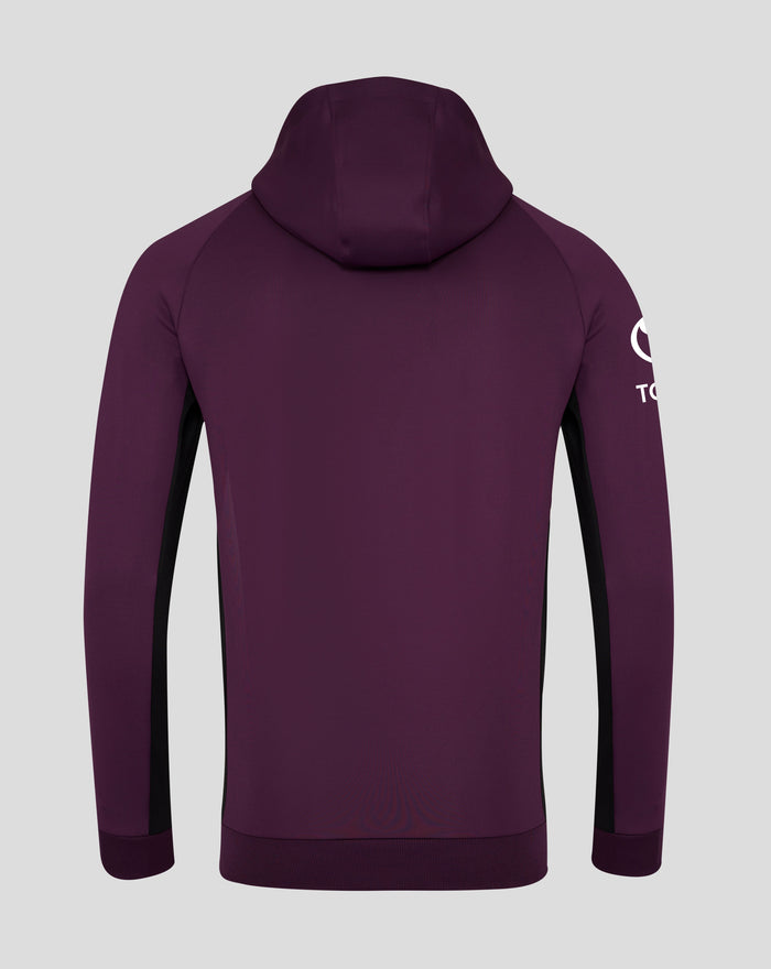 Back view of a men's England cricket training hoodie in dark plum with hood up