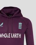 Close up of maroon hoodie hood and collar with interior label and chest crest graphic