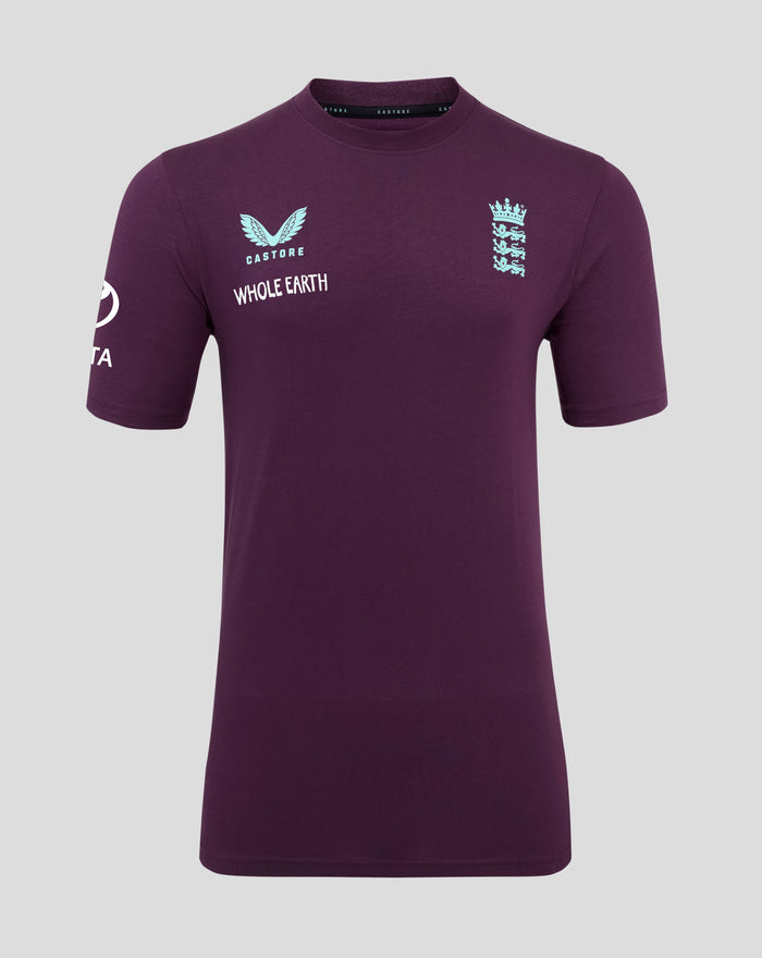 Front view of maroon England Cricket Cotton Training T Shirt with light blue crest on left chest, crown crest on right, and Whole Earth text on lower left.