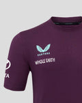 Close up of chest area on maroon T shirt displaying light blue crest and Whole Earth lettering.