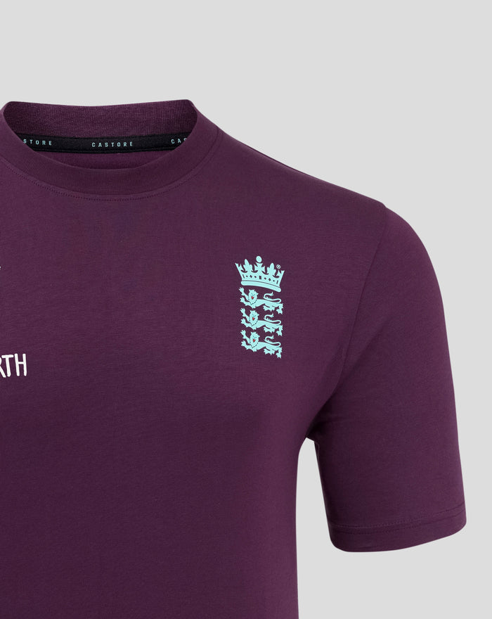 Close up of maroon crew neck T shirt showing black CASTORE label inside collar and partial crest on the chest.