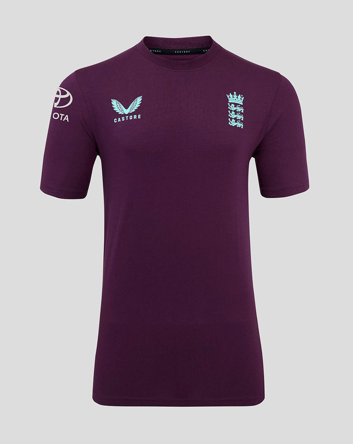 Deep purple ECB cotton training tee with light blue Castore wing logo on the left chest and England crest on the right chest