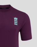 Front view of purple ECB training tee with light blue Castore wing logo on left chest and England crest on right chest.
